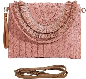 Straw Clutch Purses for Women, Bohemian Crossbody Bags Clutch Handmade Woven Envelope Package Handbags for Summer Vacation Beach (Flesh Pink)