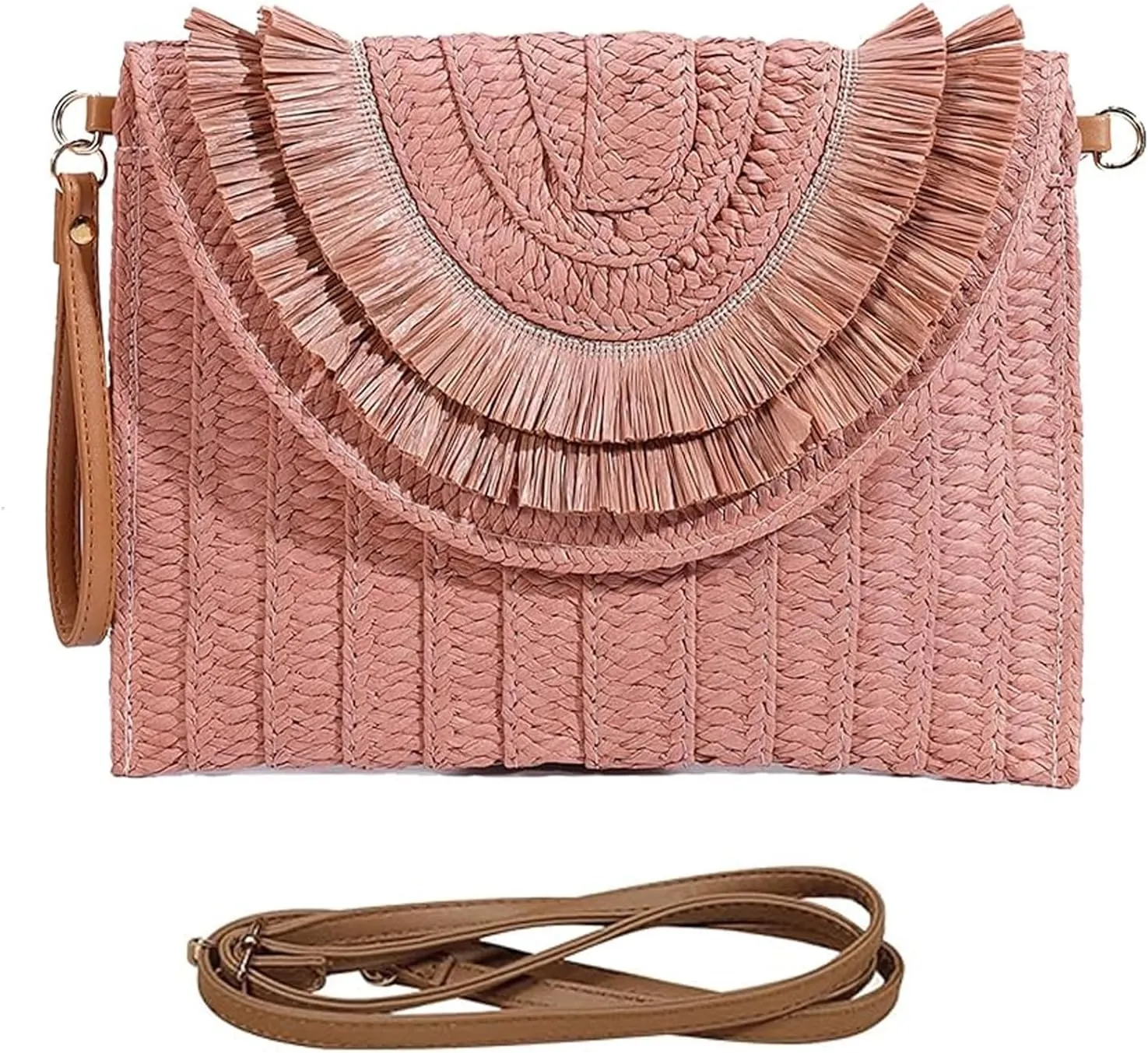 Straw Clutch Purses for Women, Bohemian Crossbody Bags Clutch Handmade Woven Envelope Package Handbags for Summer Vacation Beach (Flesh Pink)