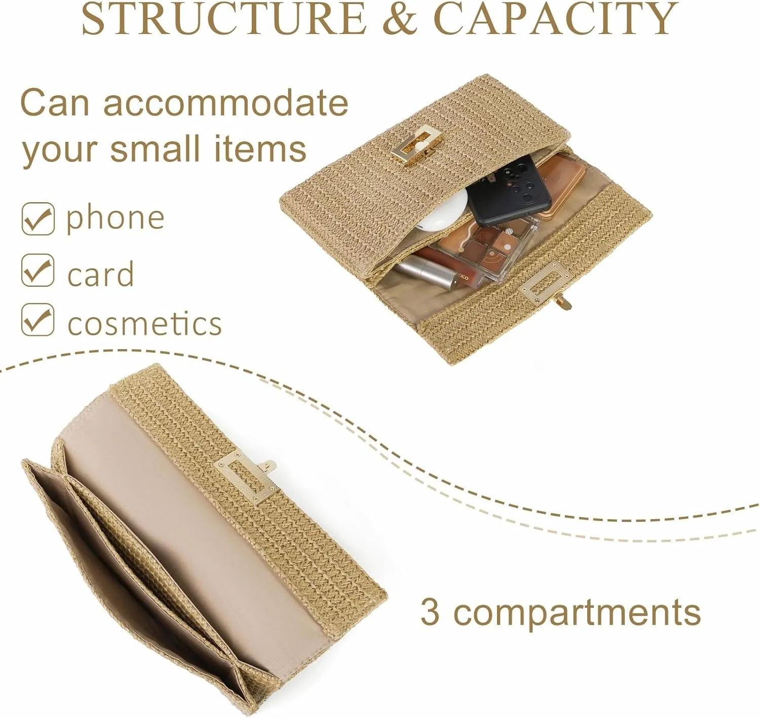 Straw Clutch Purses Women Summer Beach Handbags Boho Woven Envelope Wallet Fold Over Chain Crossbody Shoulder Bag Evening Bag
