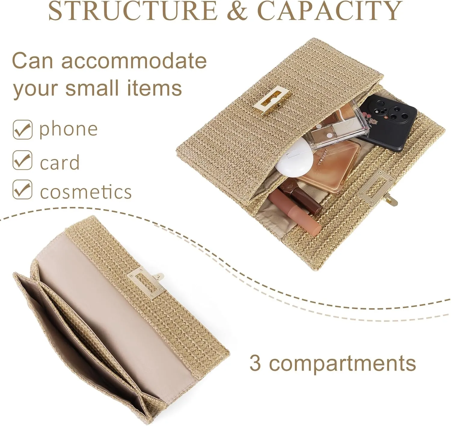 Straw Clutch Purses Women Summer Beach Handbags Boho Woven Envelope Wallet Fold Over Chain Crossbody Shoulder Bag Evening Bag