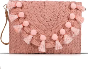 Straw Crossbody Bag for Women, Clutch Purses, Bohemian Handmade Woven Handbags, Tassels Summer Beach Bag, Envelope Wallet (Pink)