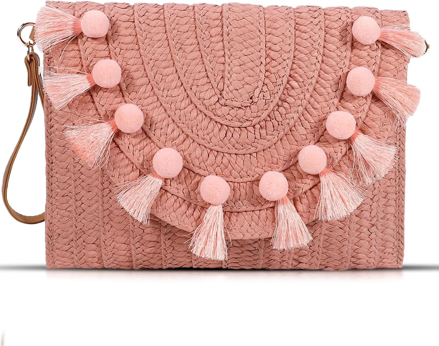Straw Crossbody Bag for Women, Clutch Purses, Bohemian Handmade Woven Handbags, Tassels Summer Beach Bag, Envelope Wallet (Pink)