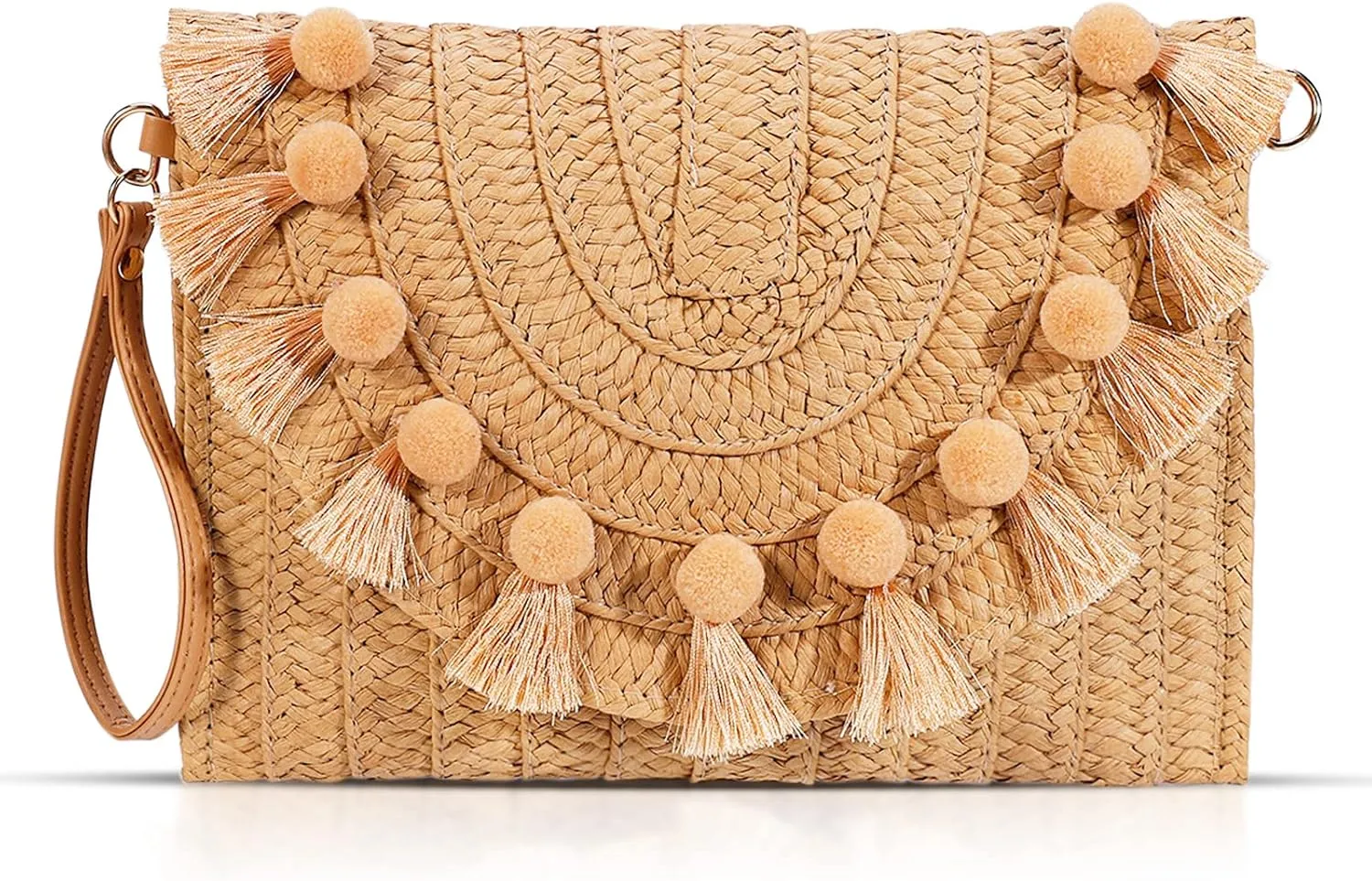 Straw Crossbody Bag for Women, Clutch Purses, Bohemian Handmade Woven Handbags, Tassels Summer Beach Bag, Envelope Wallet(Khaki)