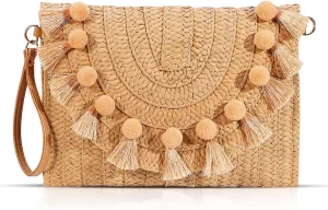 Straw Crossbody Bag for Women, Clutch Purses, Bohemian Handmade Woven Handbags, Tassels Summer Beach Bag, Envelope Wallet(Khaki)