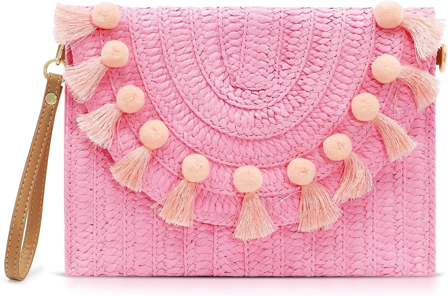 Straw Crossbody Bag for Women, Pink Clutch Purses, Bohemian Handmade Woven Handbags, Envelope Wallet, Tassels Summer Beach Bag