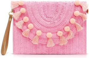 Straw Crossbody Bag for Women, Pink Clutch Purses, Bohemian Handmade Woven Handbags, Envelope Wallet, Tassels Summer Beach Bag