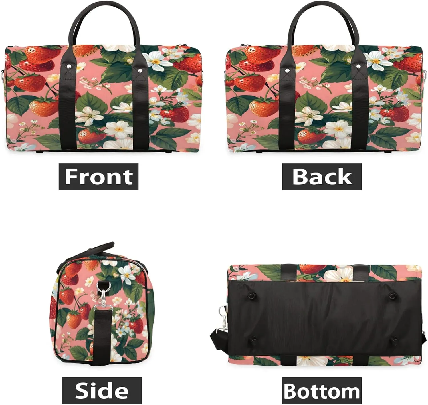 Strawberry Flower Travel Duffle Bag, Sports Gym Bags for Women Men, Carry On Weekender Overnight Workout Airplane Trips Bag