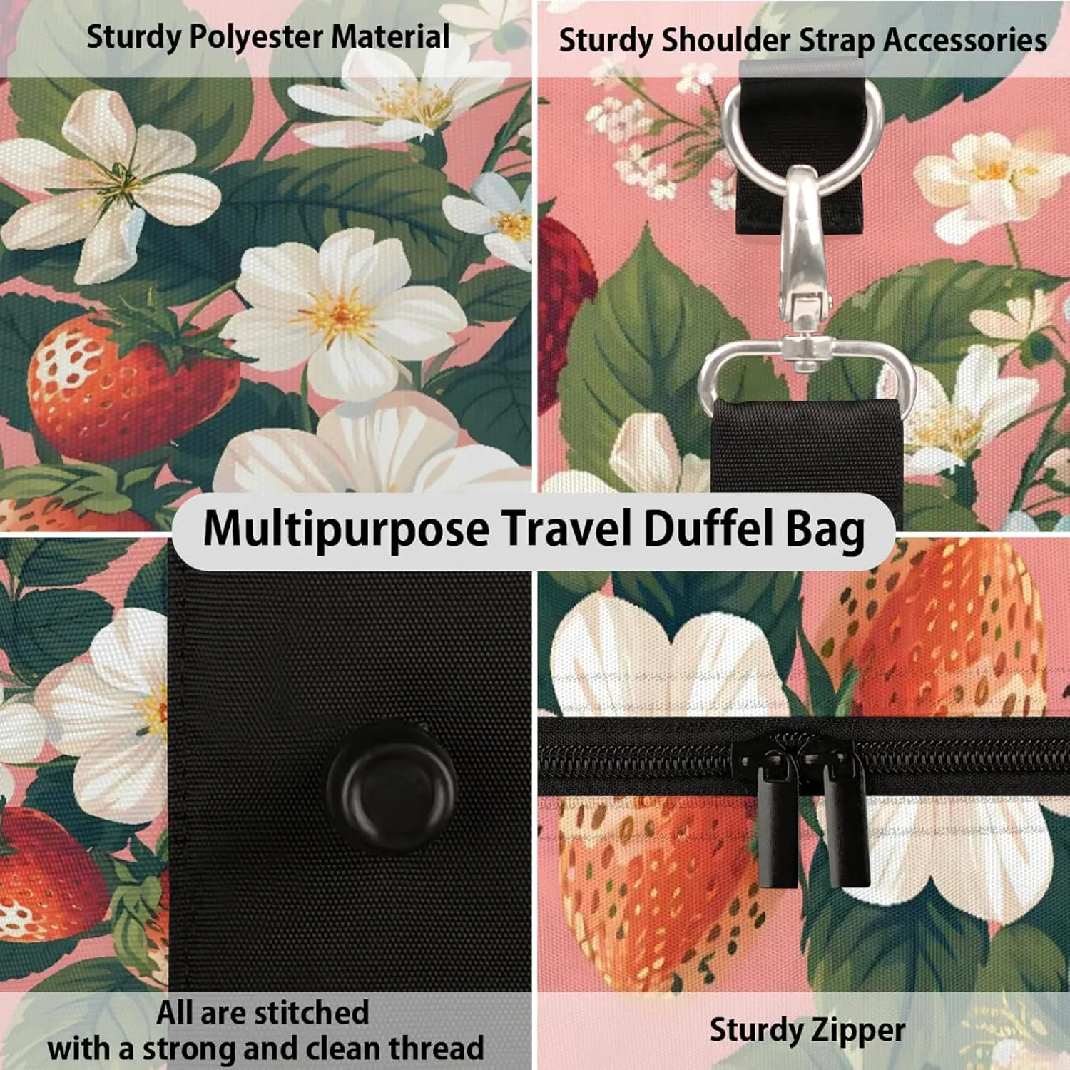 Strawberry Flower Travel Duffle Bag, Sports Gym Bags for Women Men, Carry On Weekender Overnight Workout Airplane Trips Bag