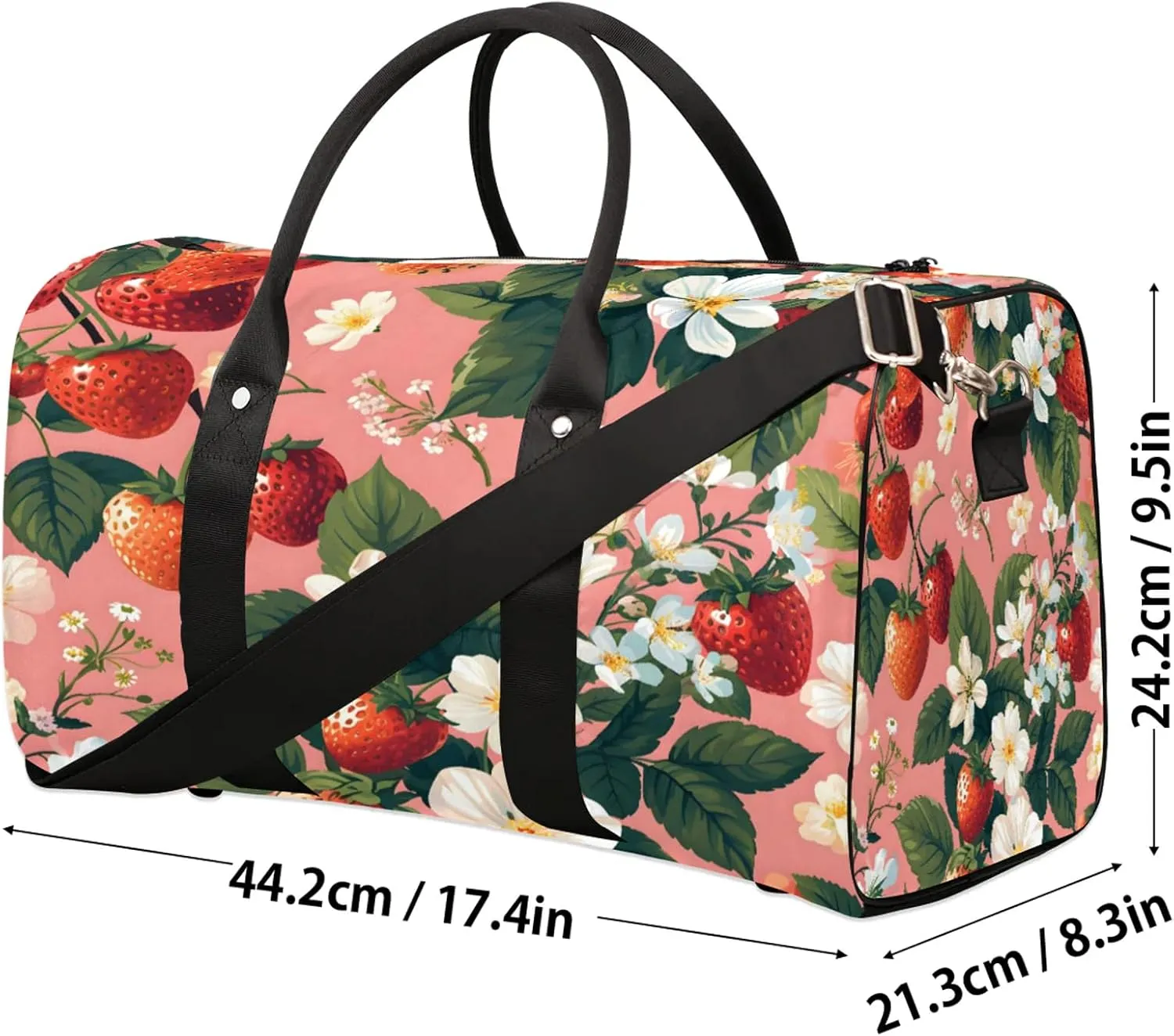 Strawberry Flower Travel Duffle Bag, Sports Gym Bags for Women Men, Carry On Weekender Overnight Workout Airplane Trips Bag