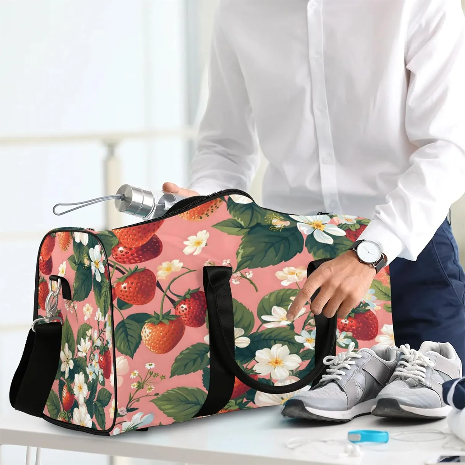 Strawberry Flower Travel Duffle Bag, Sports Gym Bags for Women Men, Carry On Weekender Overnight Workout Airplane Trips Bag