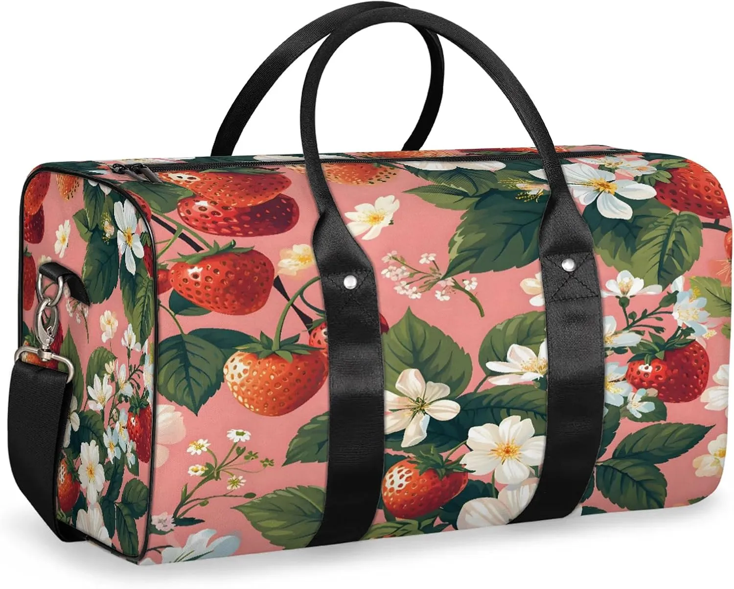 Strawberry Flower Travel Duffle Bag, Sports Gym Bags for Women Men, Carry On Weekender Overnight Workout Airplane Trips Bag