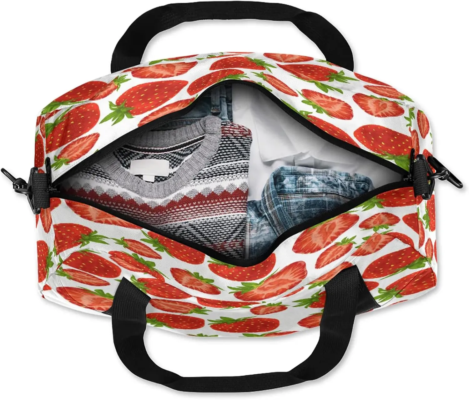 Strawberry Pattern Kids Duffel Bag Lightweight Waterproof Sports Gym Bag with Front Zipper Pocket Foldable Weekender Overnight Bag for School Practice Gymnastic Ballet