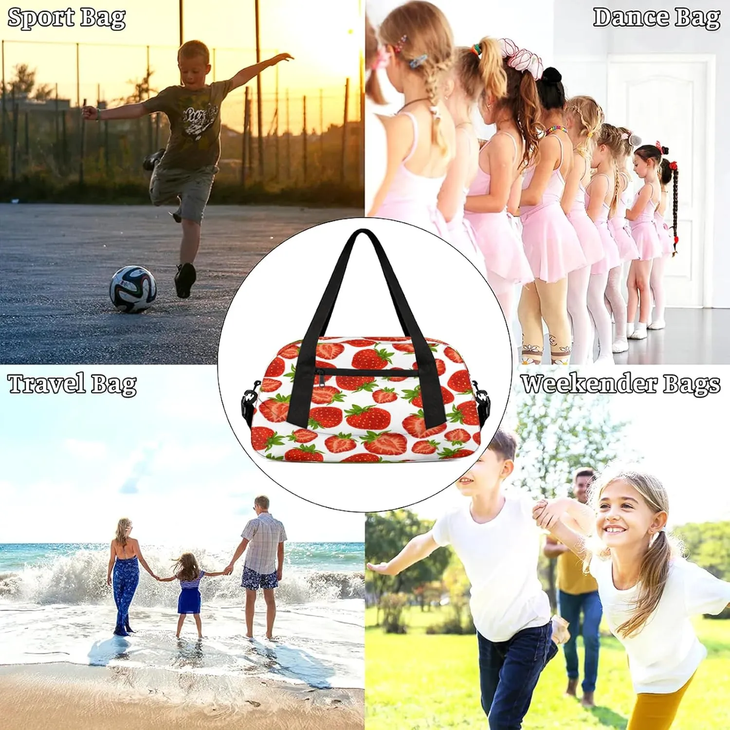 Strawberry Pattern Kids Duffel Bag Lightweight Waterproof Sports Gym Bag with Front Zipper Pocket Foldable Weekender Overnight Bag for School Practice Gymnastic Ballet