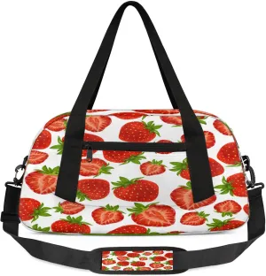 Strawberry Pattern Kids Duffel Bag Lightweight Waterproof Sports Gym Bag with Front Zipper Pocket Foldable Weekender Overnight Bag for School Practice Gymnastic Ballet