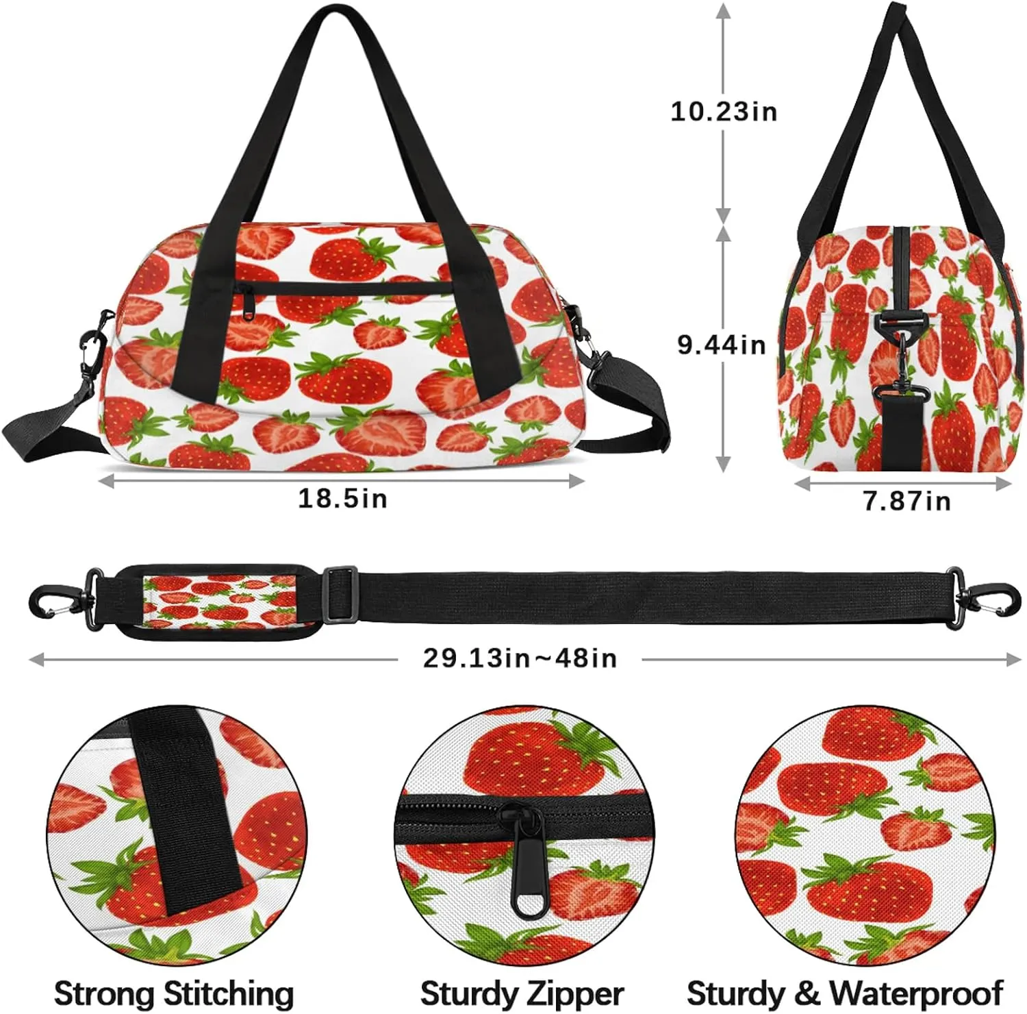 Strawberry Pattern Kids Duffel Bag Lightweight Waterproof Sports Gym Bag with Front Zipper Pocket Foldable Weekender Overnight Bag for School Practice Gymnastic Ballet