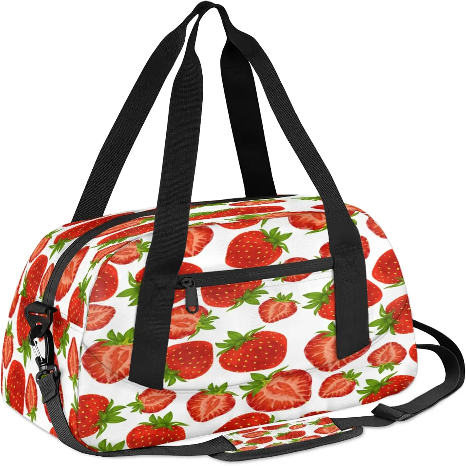 Strawberry Pattern Kids Duffel Bag Lightweight Waterproof Sports Gym Bag with Front Zipper Pocket Foldable Weekender Overnight Bag for School Practice Gymnastic Ballet