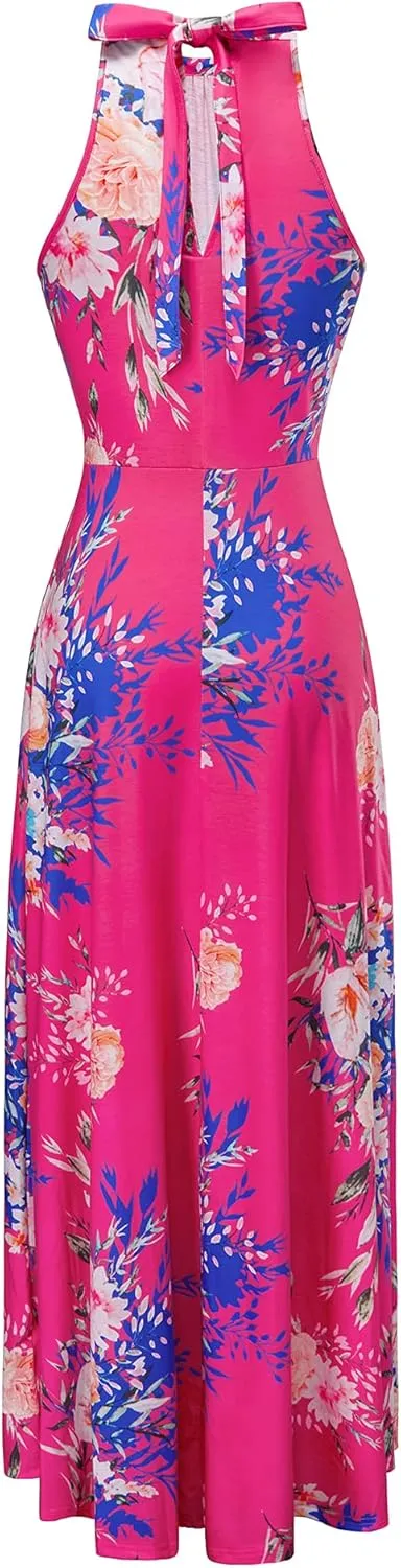 STYLEWORD Women's Summer 2025 Maxi Dress Floral Halter Neck Sexy Party Wedding Guest Long Formal Dress