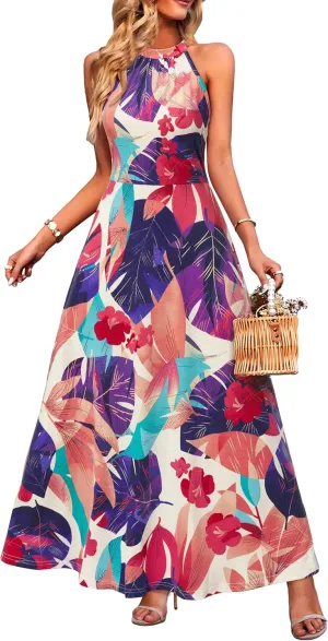 STYLEWORD Women's Summer 2025 Maxi Dress Floral Halter Neck Sexy Party Wedding Guest Long Formal Dress