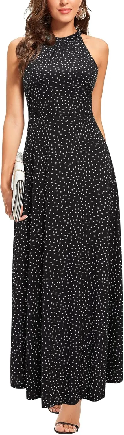 STYLEWORD Women's Summer 2025 Maxi Dress Floral Halter Neck Sexy Party Wedding Guest Long Formal Dress