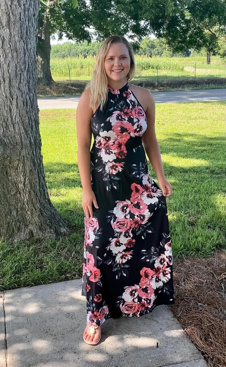STYLEWORD Women's Summer 2025 Maxi Dress Floral Halter Neck Sexy Party Wedding Guest Long Formal Dress
