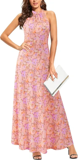 STYLEWORD Women's Summer 2025 Maxi Dress Floral Halter Neck Sexy Party Wedding Guest Long Formal Dress