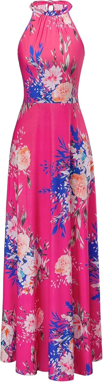 STYLEWORD Women's Summer 2025 Maxi Dress Floral Halter Neck Sexy Party Wedding Guest Long Formal Dress