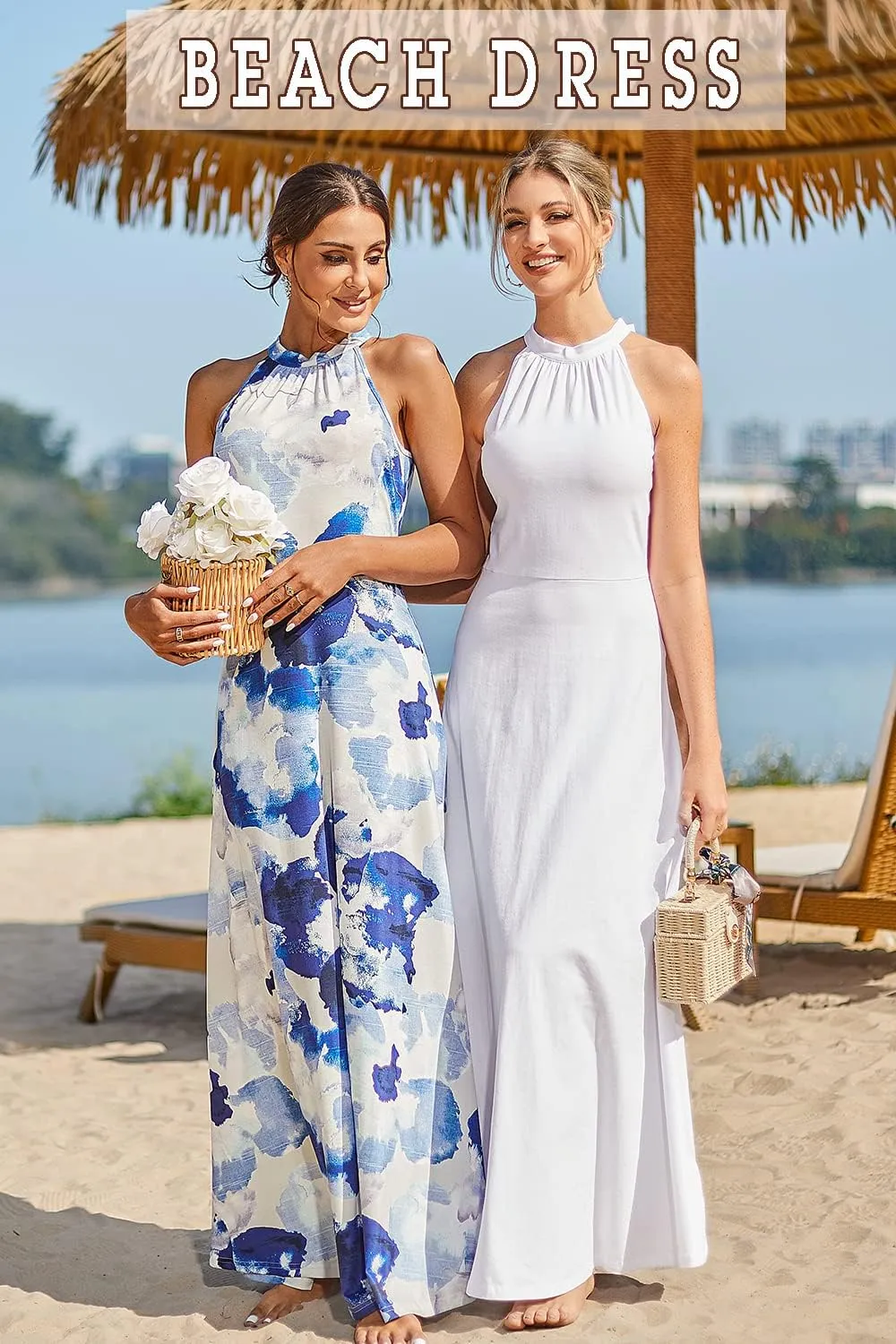 STYLEWORD Women's Summer 2025 Maxi Dress Floral Halter Neck Sexy Party Wedding Guest Long Formal Dress