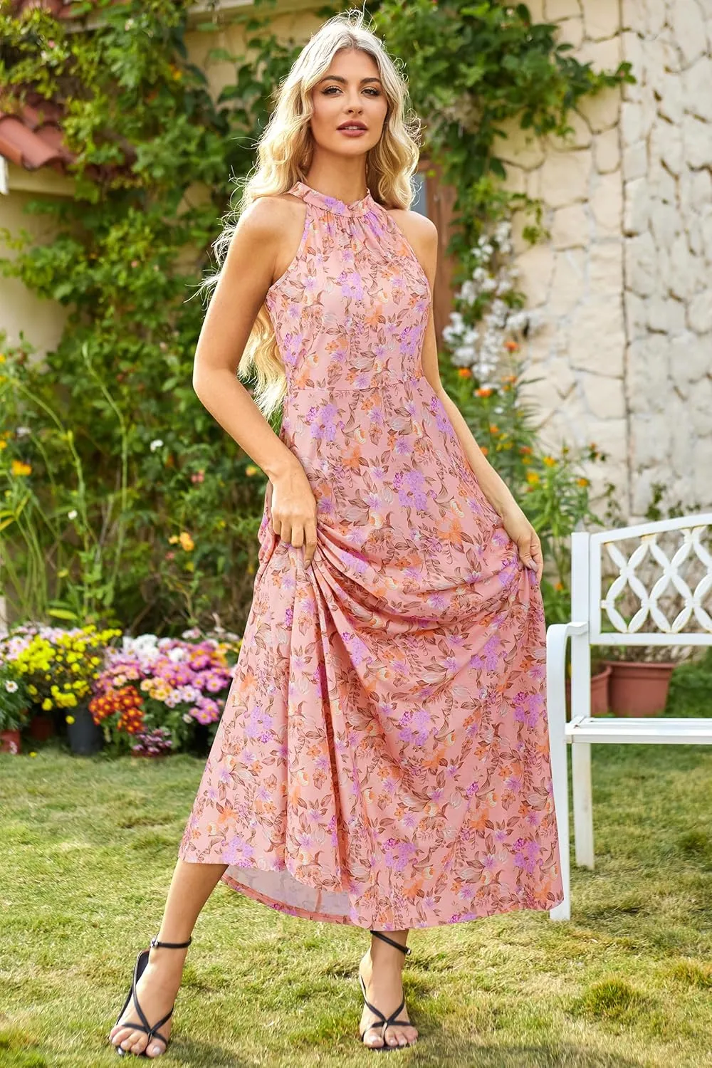 STYLEWORD Women's Summer 2025 Maxi Dress Floral Halter Neck Sexy Party Wedding Guest Long Formal Dress