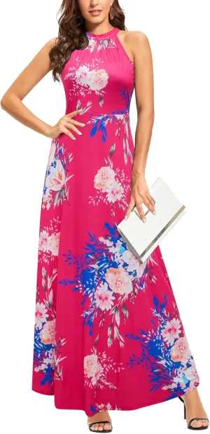 STYLEWORD Women's Summer 2025 Maxi Dress Floral Halter Neck Sexy Party Wedding Guest Long Formal Dress