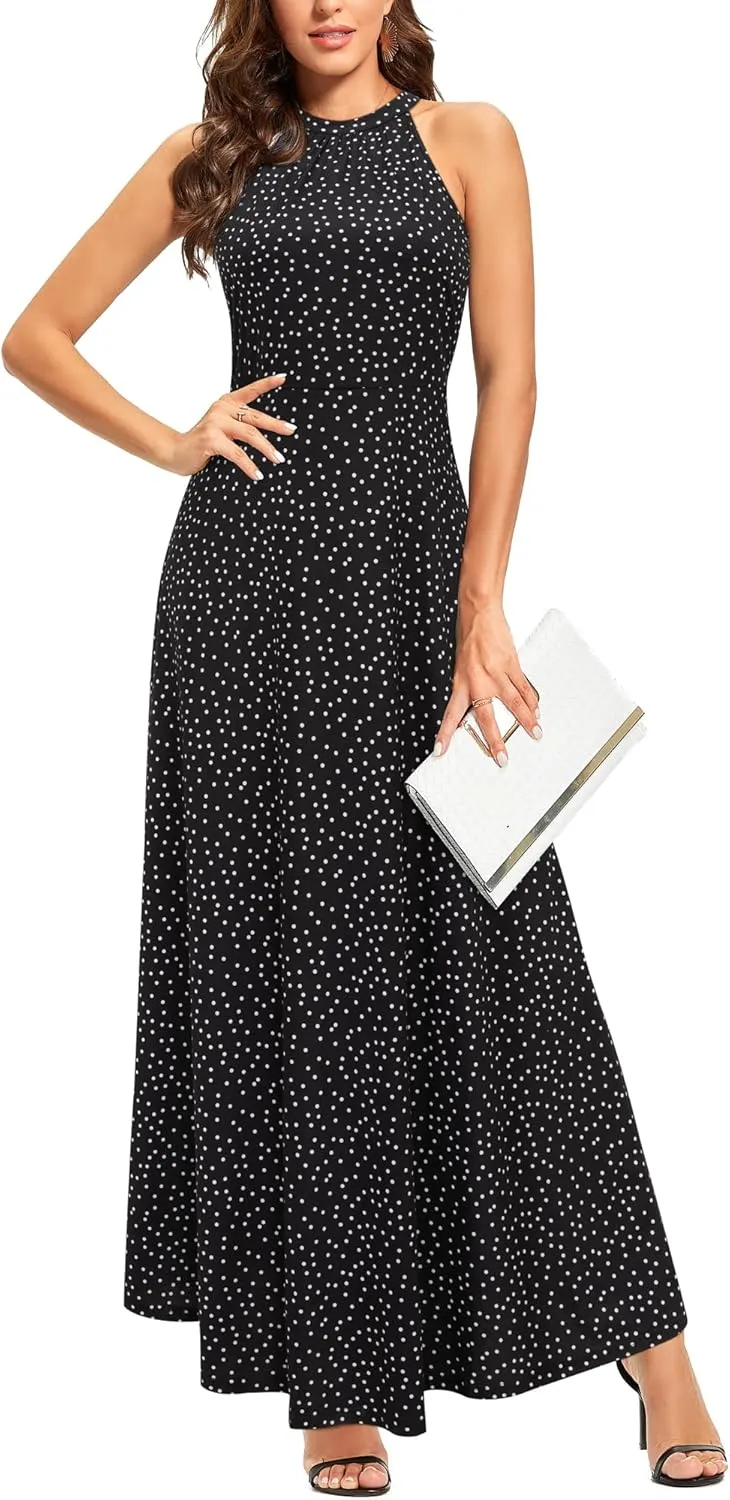 STYLEWORD Women's Summer 2025 Maxi Dress Floral Halter Neck Sexy Party Wedding Guest Long Formal Dress