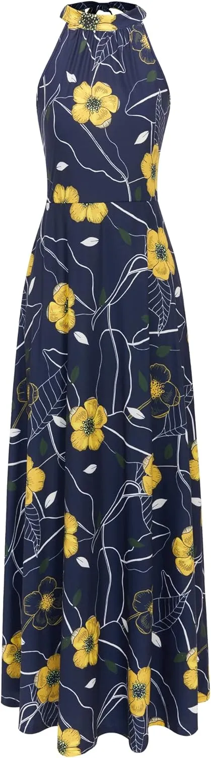 STYLEWORD Women's Summer 2025 Maxi Dress Floral Halter Neck Sexy Party Wedding Guest Long Formal Dress