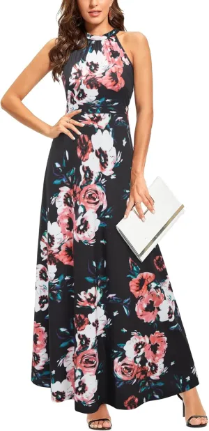 STYLEWORD Women's Summer 2025 Maxi Dress Floral Halter Neck Sexy Party Wedding Guest Long Formal Dress