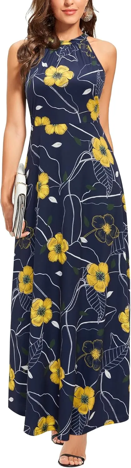 STYLEWORD Women's Summer 2025 Maxi Dress Floral Halter Neck Sexy Party Wedding Guest Long Formal Dress