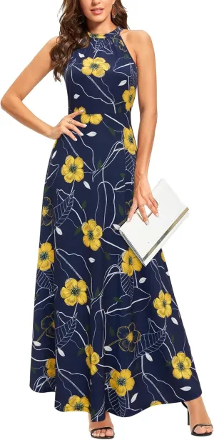 STYLEWORD Women's Summer 2025 Maxi Dress Floral Halter Neck Sexy Party Wedding Guest Long Formal Dress