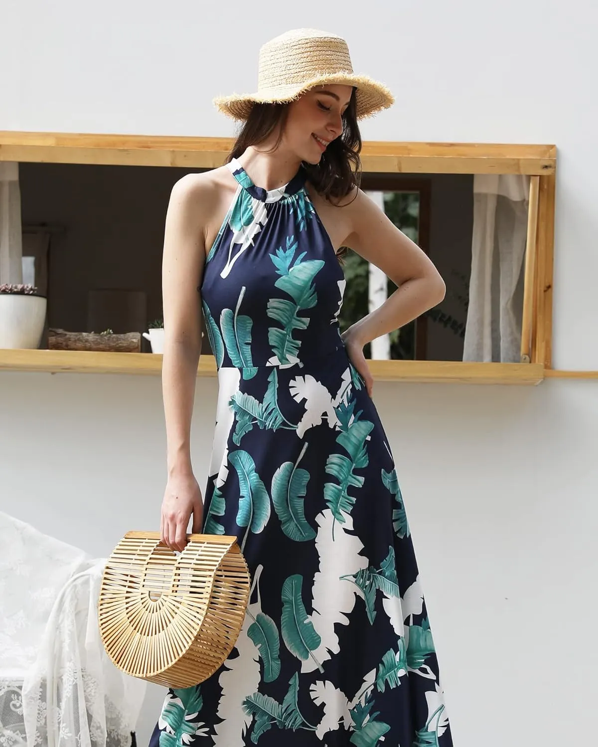 STYLEWORD Women's Summer 2025 Maxi Dress Floral Halter Neck Sexy Party Wedding Guest Long Formal Dress