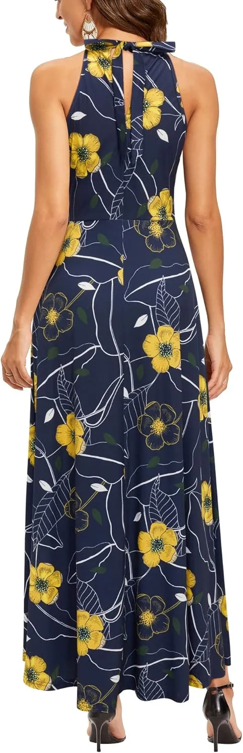 STYLEWORD Women's Summer 2025 Maxi Dress Floral Halter Neck Sexy Party Wedding Guest Long Formal Dress