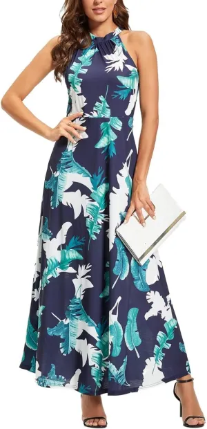 STYLEWORD Women's Summer 2025 Maxi Dress Floral Halter Neck Sexy Party Wedding Guest Long Formal Dress