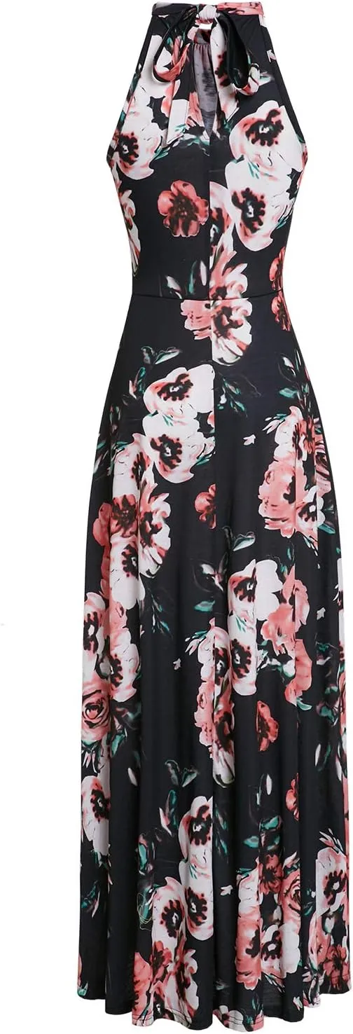 STYLEWORD Women's Summer 2025 Maxi Dress Floral Halter Neck Sexy Party Wedding Guest Long Formal Dress