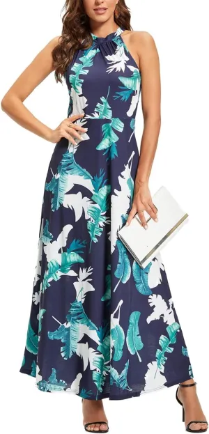 STYLEWORD Women's Summer 2025 Maxi Dress Floral Halter Neck Sexy Party Wedding Guest Long Formal Dress