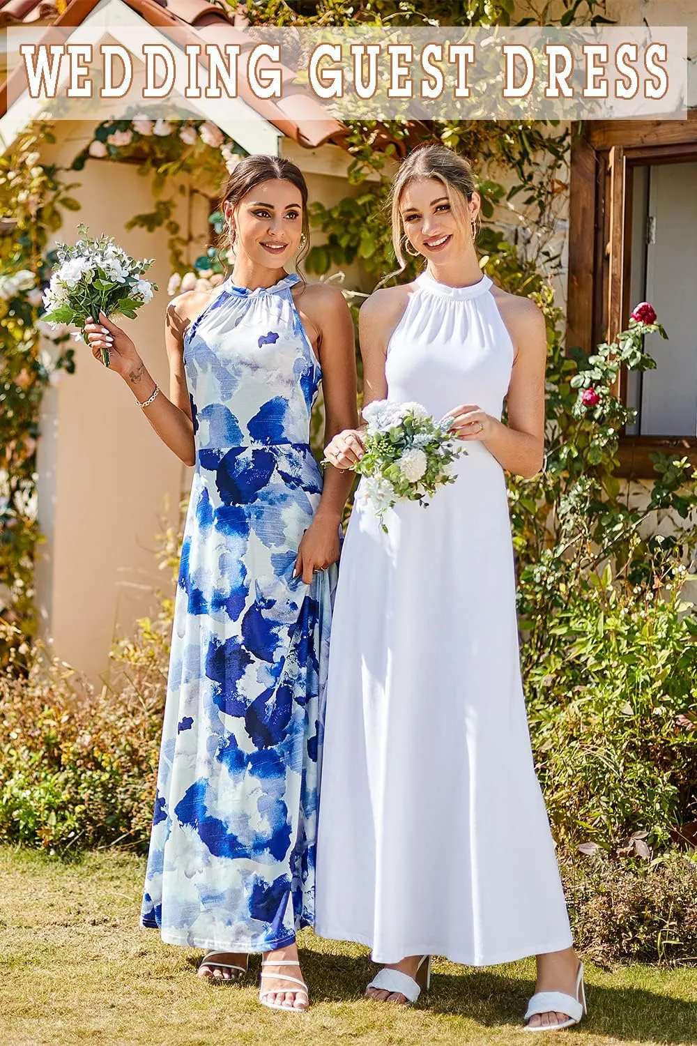 STYLEWORD Women's Summer 2025 Maxi Dress Floral Halter Neck Sexy Party Wedding Guest Long Formal Dress