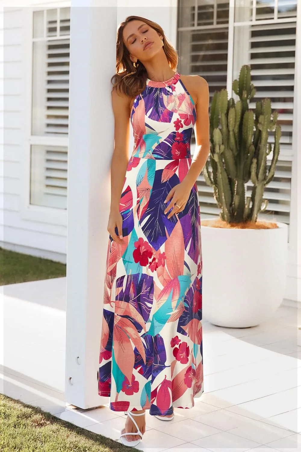 STYLEWORD Women's Summer 2025 Maxi Dress Floral Halter Neck Sexy Party Wedding Guest Long Formal Dress