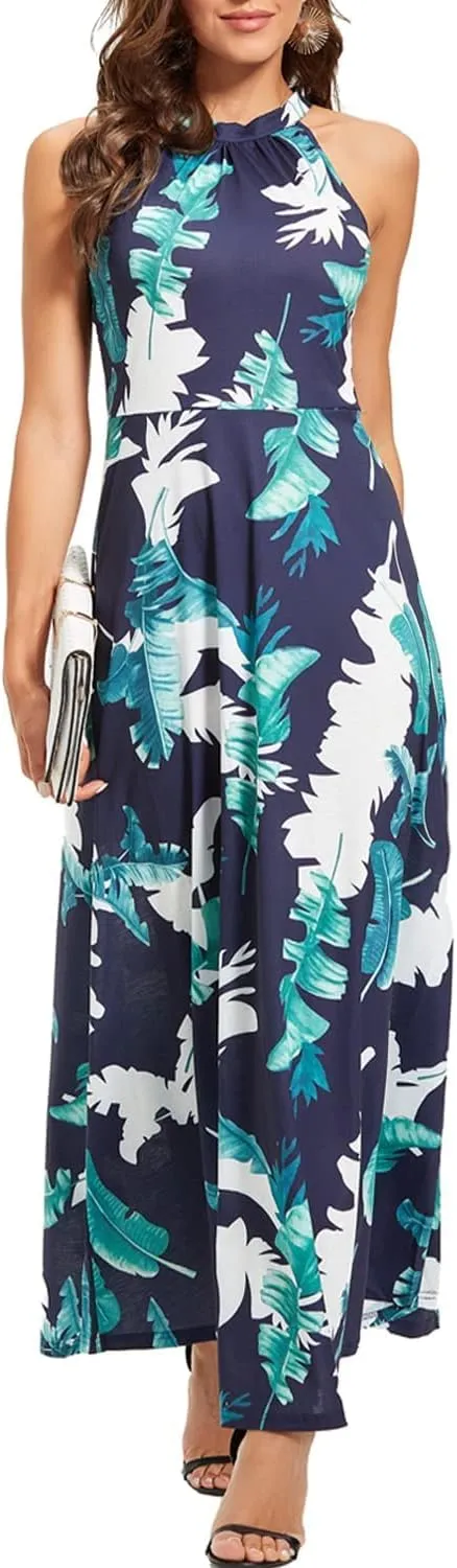 STYLEWORD Women's Summer 2025 Maxi Dress Floral Halter Neck Sexy Party Wedding Guest Long Formal Dress