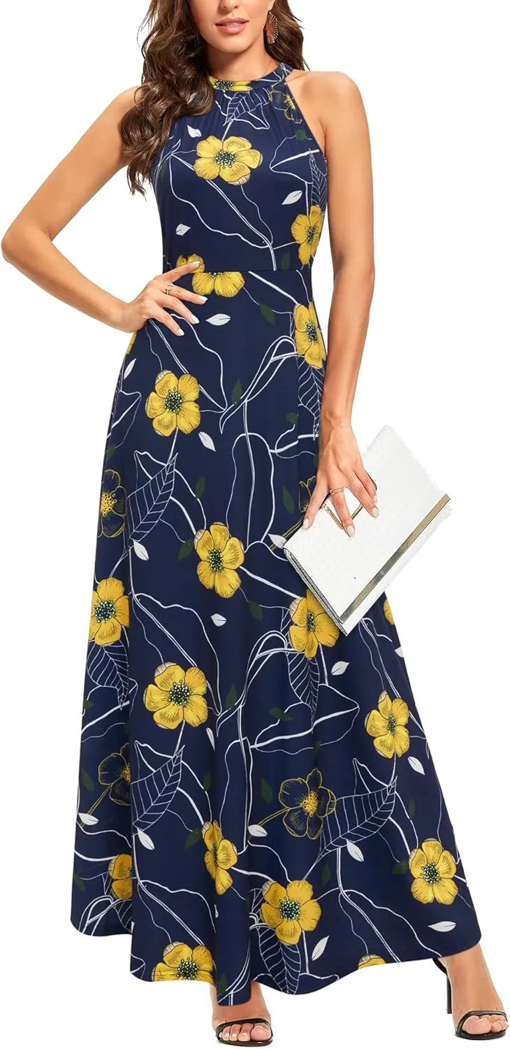 STYLEWORD Women's Summer 2025 Maxi Dress Floral Halter Neck Sexy Party Wedding Guest Long Formal Dress