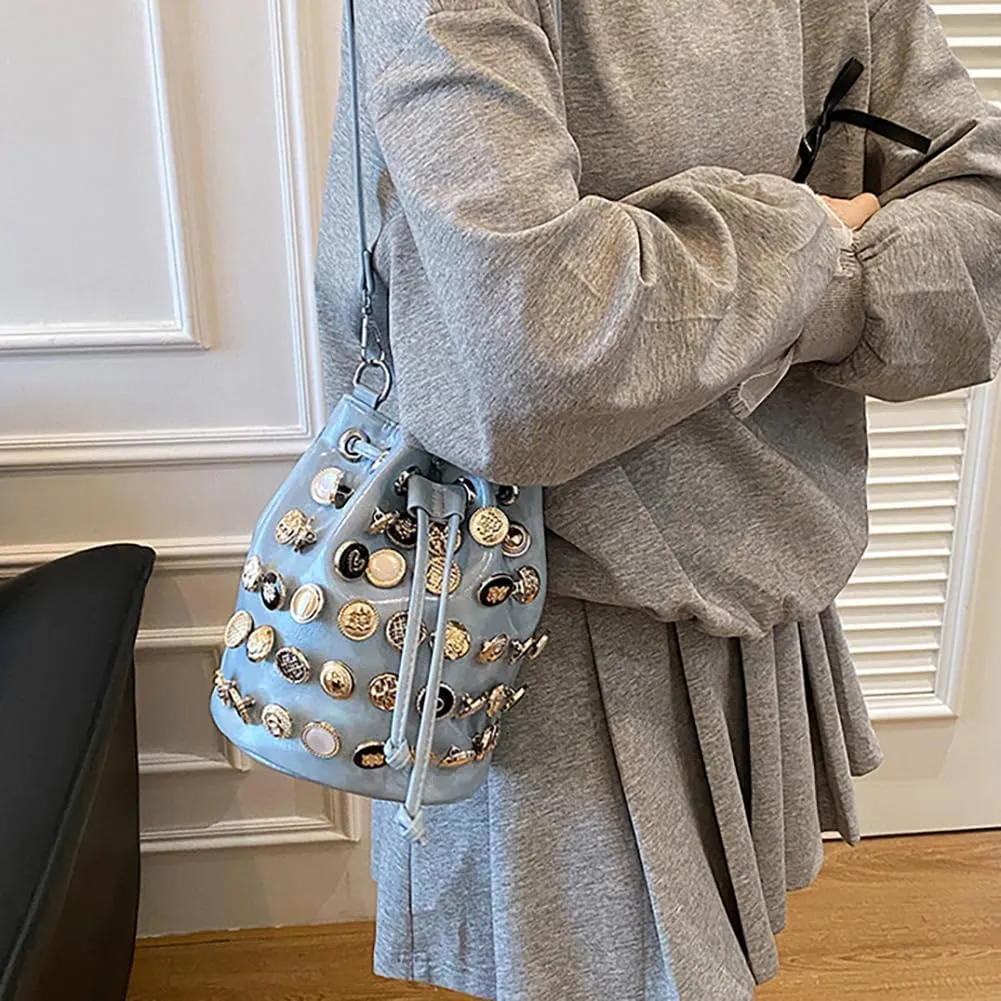 Stylish Button Embellished Leather Bucket Bag for Women, Large Capacity Drawstring Hobo Handbags Organizer Crossbody Purse