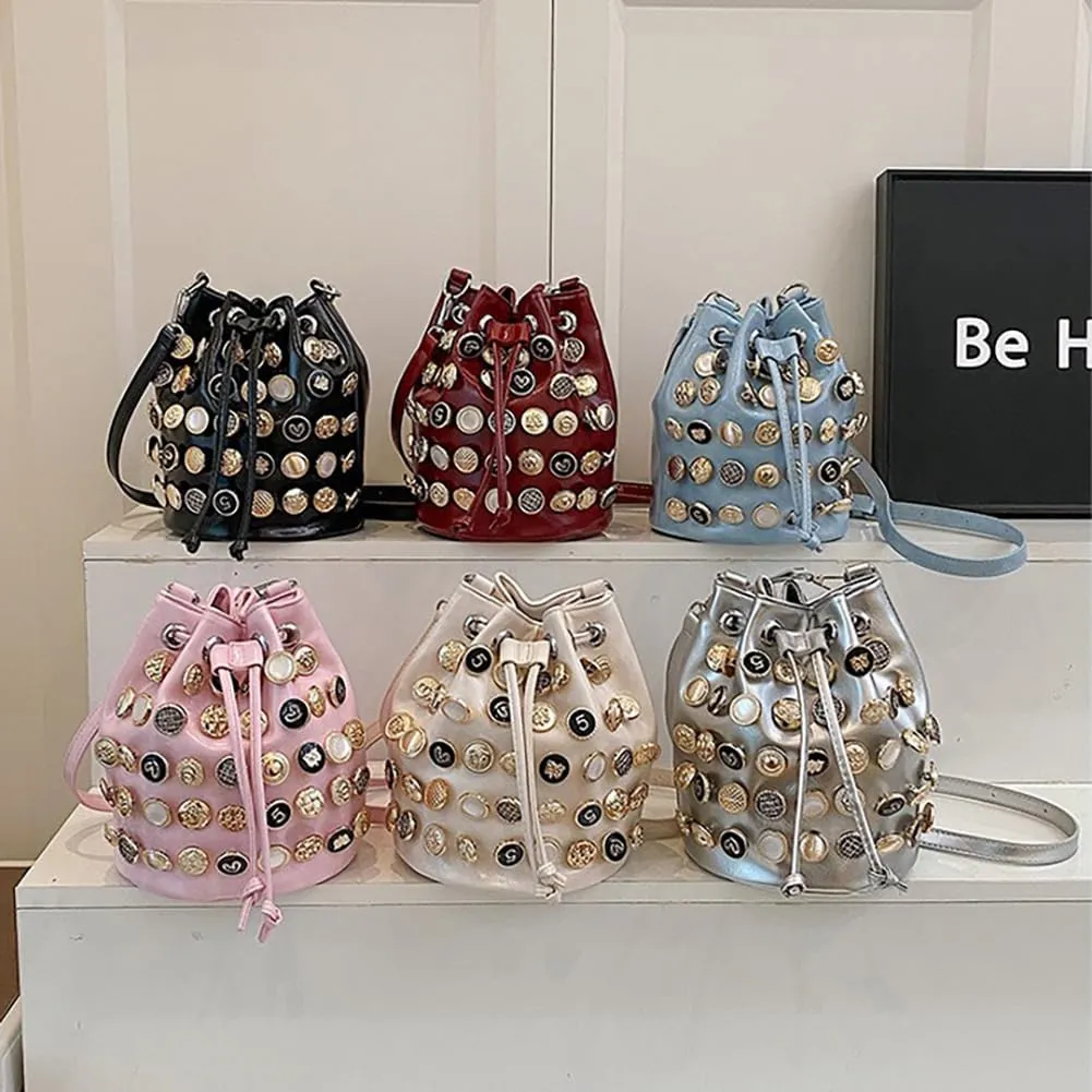 Stylish Button Embellished Leather Bucket Bag for Women, Large Capacity Drawstring Hobo Handbags Organizer Crossbody Purse