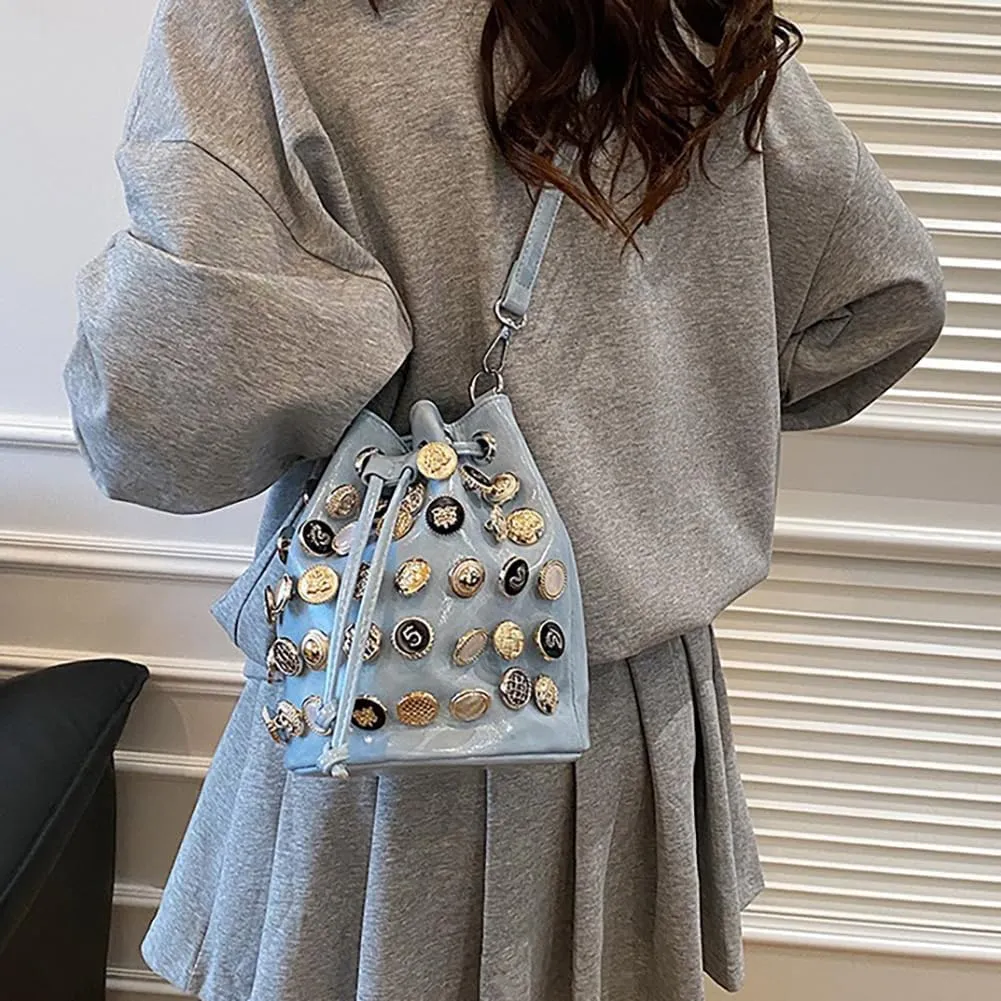 Stylish Button Embellished Leather Bucket Bag for Women, Large Capacity Drawstring Hobo Handbags Organizer Crossbody Purse