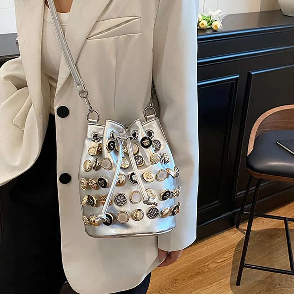 Stylish Button Embellished Leather Bucket Bag for Women, Large Capacity Drawstring Hobo Handbags Organizer Crossbody Purse