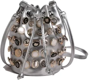 Stylish Button Embellished Leather Bucket Bag for Women, Large Capacity Drawstring Hobo Handbags Organizer Crossbody Purse