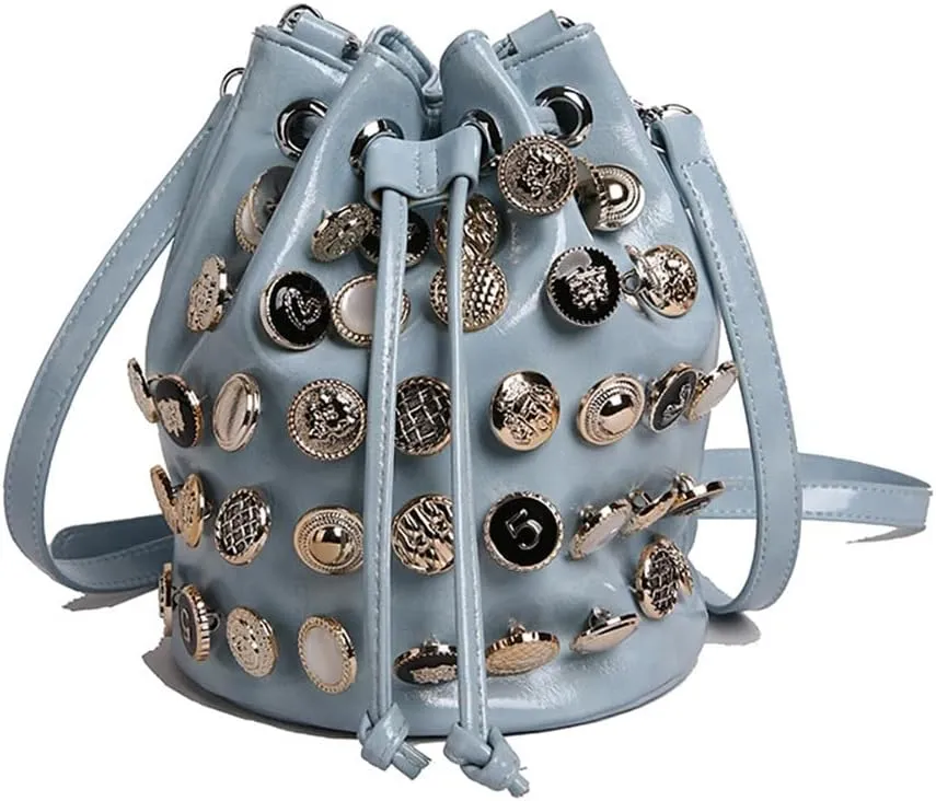 Stylish Button Embellished Leather Bucket Bag for Women, Large Capacity Drawstring Hobo Handbags Organizer Crossbody Purse