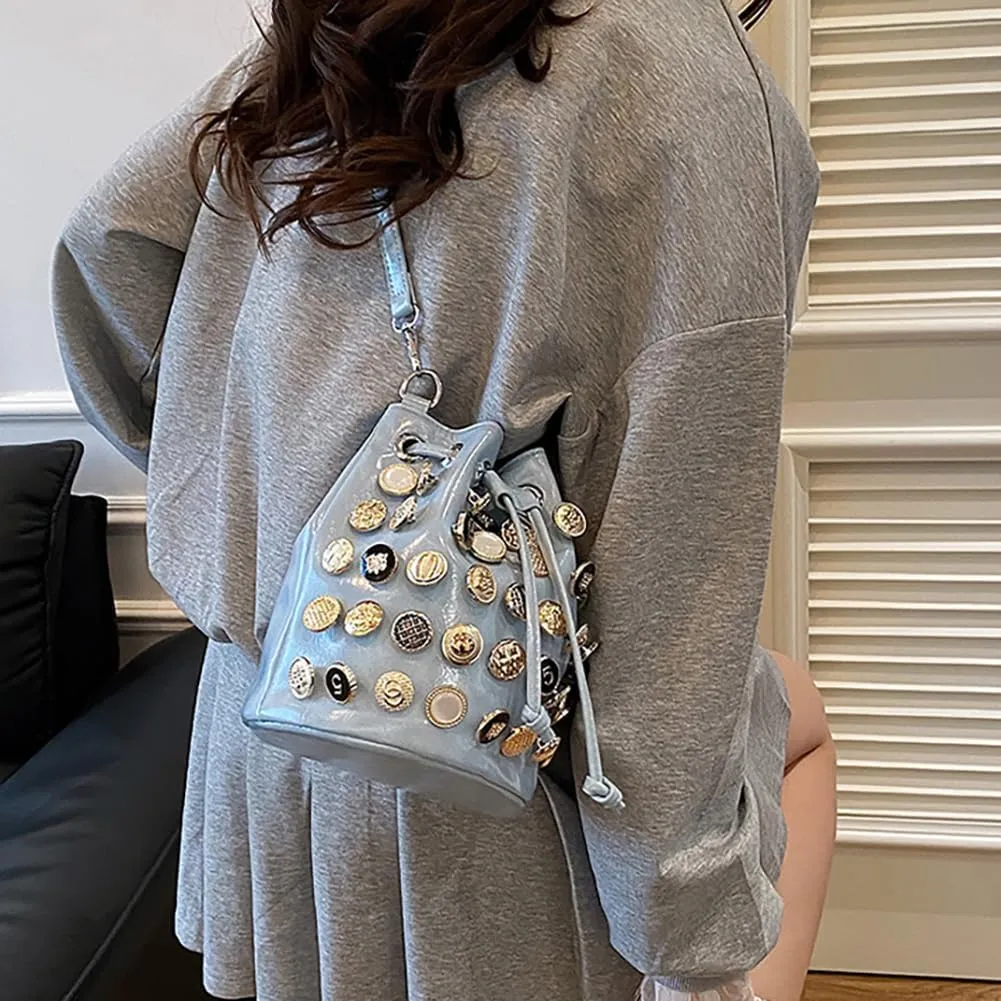 Stylish Button Embellished Leather Bucket Bag for Women, Large Capacity Drawstring Hobo Handbags Organizer Crossbody Purse